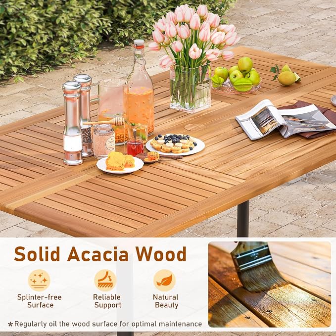 Tangkula 7 Pieces Outdoor Dining Set, Patio Acacia Wood Table and PE Rattan Chairs with Soft Cushions and 2” Umbrella Hole for Deck, Garden and Backyard