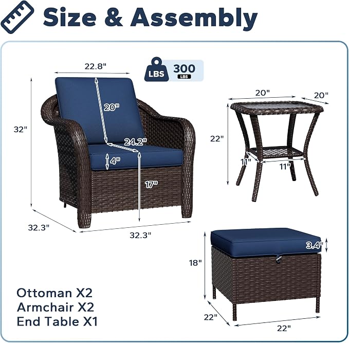5 PCS Outdoor Conversation Set | 2 Chairs, 1 Side Table, 2 Ottomans, Patio Wicker Conversation Furniture with Removable Cushions for Bistro, Deck, Sunroom(Navy Blue)