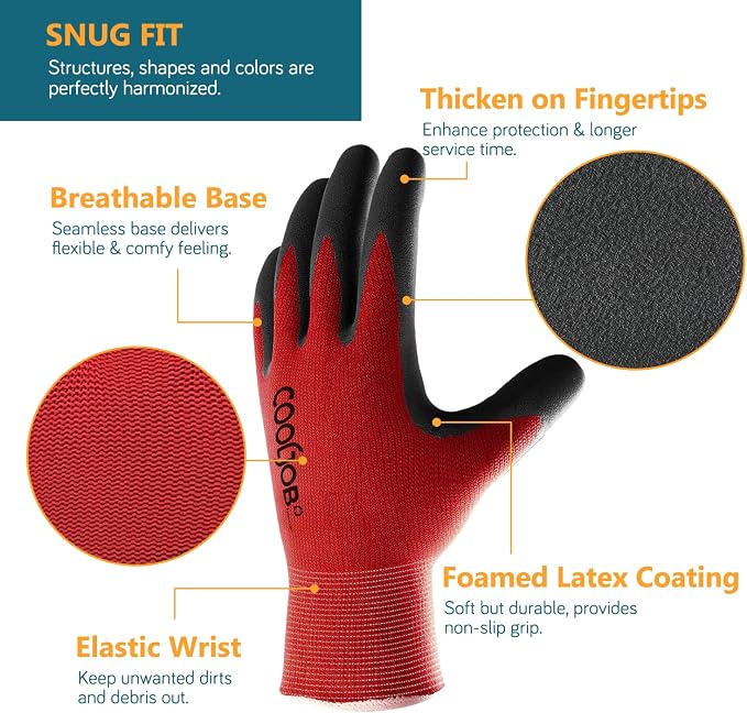 COOLJOB Gardening Gloves for Men, 6 Pairs Breathable Rubber Coated for Garden Weeding Landscaping, Outside Work for Lawn Yard, Men's Medium Size, Black & Red | Garden Gloves Bulk, Non Slip Palm Dipped Grip for Weeding Landscaping, Outside Work for Lawn...