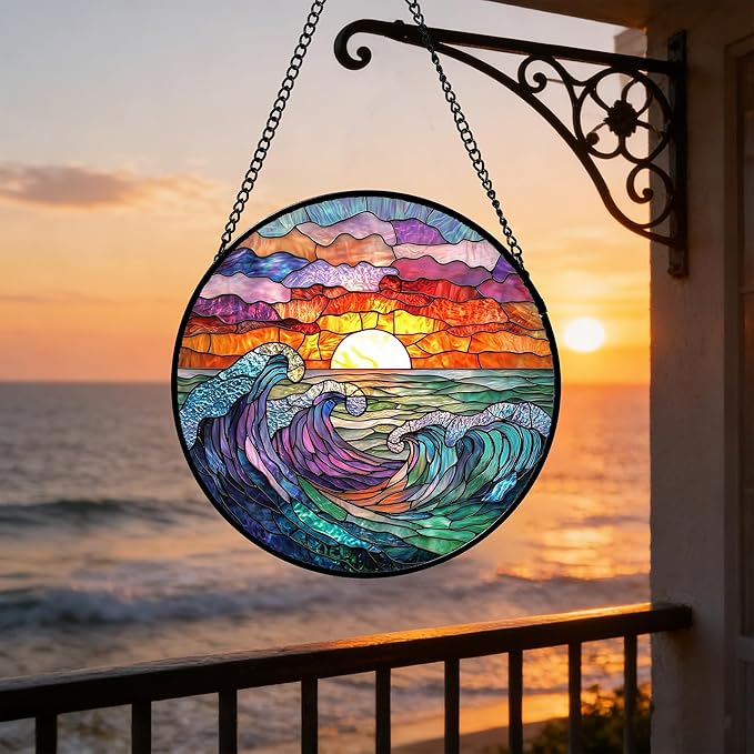 DASTOLL Stained Glass Window Hanging, Clouds and Sea Waves Suncatcher Diamond Glass Panel Hangings Scenery Sun Catchers Decor for Birthday for Women, Men, Wife, Aunt, and Mom 14.9 in
