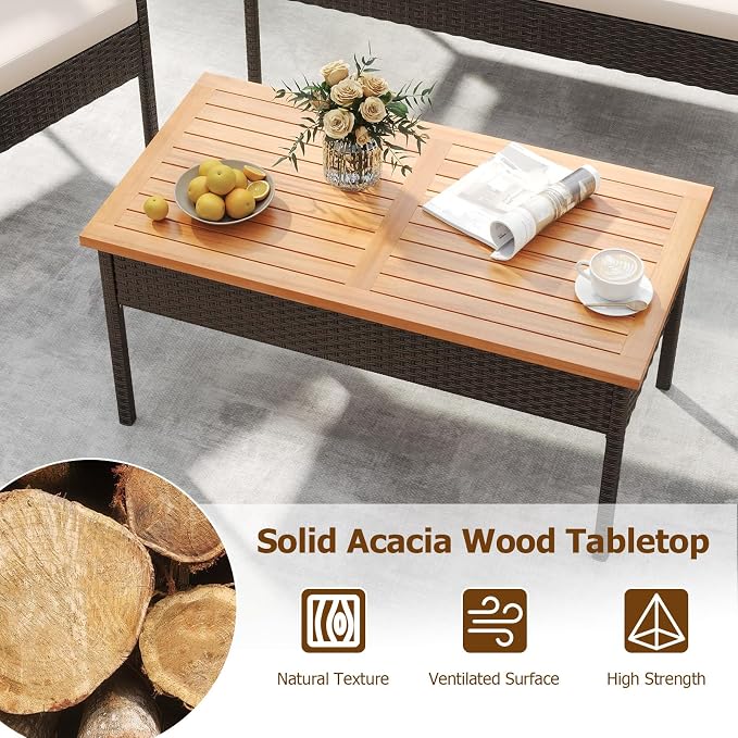HAPPYGRILL Patio Furniture Set Outdoor Rattan Wicker Conversation Set with Acacia Wood Coffee Table, Chairs, Loveseat & Cushions, for Porch, Garden, Backyard, Poolside (4 Pieces)