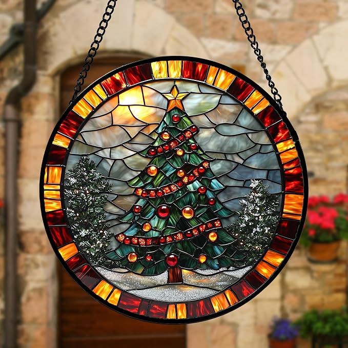 DASTOLL Stained Glass Window Hanging - Winter Christmas Tree Suncatcher Ready to Hang Window Doors Home Decoration, Christmas, Mother's Day Birthday Gifts for Women, Men, and Mom 7.8x7.8 in
