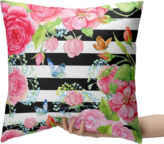 Spring Summer Pillow Covers 18x18 Set of 2 Rose Throw Pillow Covers Butterfly Flowers Pillow Case Black Stripes Cotton Blend Cushion Case for Home Decor Couch Sofa