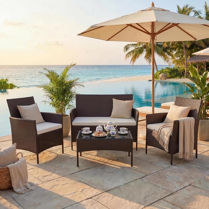 4 Piece Patio Furniture Set, Outdoor Deck Rattan Chair Wicker Combo Furniture, All Weather Dialogue Rattan Sofa with Upholstery and Glass Table for Garden, Backyard, Porch, Lawn, Pool, Brown+White