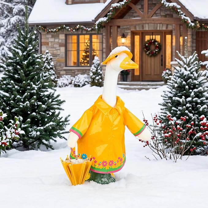 Raincoat Goose Outfits Porch Goose Spring Outfit Goose Printed Raincoat Clothes with Umbrella Hat Fits 23" Geese Statue for Spring Summer Garden Lawn Patio Yard Outdoor Decor (Yellow)