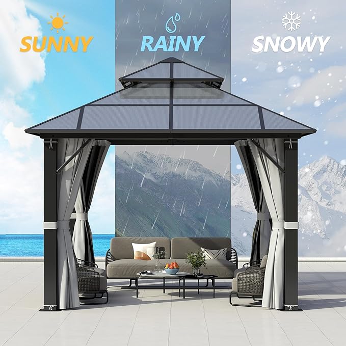 GARTOO 10x10FT Polycarbonate Hardtop Gazebo with Double Roof - Heavy-Duty Steel Frame Gazebo with Breathable Netting & Privacy Curtain for Patio, Porch, Garden, Lawn, Deck, Backyard