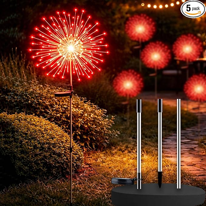Solar Firework Lights Outdoor, 200 LED Starburst Garden Lights, Adjustable Height 2/3-Rod up to 51in, Stainless Steel, 2 Lighting Modes, IP65 Waterproof Pathway Light for Yard Patio Lawn