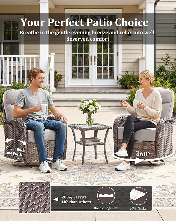 7-Piece Luxury Patio Furniture Set with 6-Inch Thick Cushions, High-Back Outdoor 4 Swivel Rocking Chairs with Wicker 42" Fire Pit, All-Weather Conversation Set for Porch, Deck, Yard or Poolside Beige