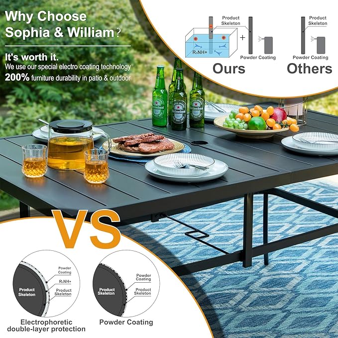 Sophia & William 7 Pieces Patio Dining Set for 6 People, Metal Outdoor Dining Table with 1.9" Adjustable Umbrella Hole, 6 Pcs Rattan Chairs, All Weather Patio Table and Chairs Set