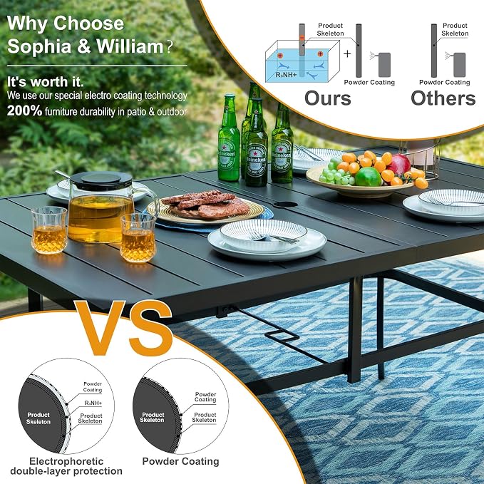 Sophia and William Patio Dining Set, for 6, Swivel Chairs | E-Coated and Steel, Rectangle Table, Swivel Chirs, Umbrella Hole, Weather-Resistant, Easy to Clean