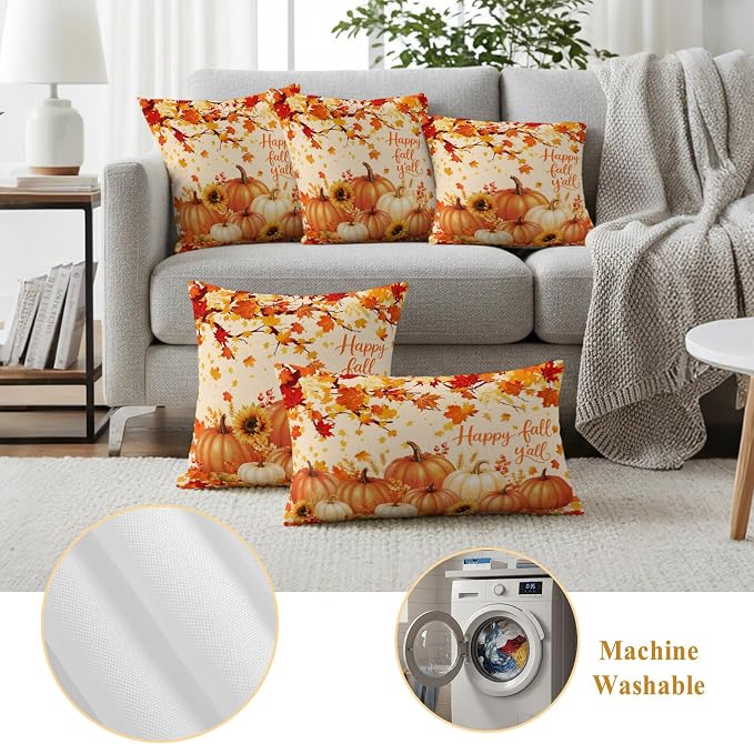 Orange Fall Waterproof Outdoor Pillow Covers 24''x24'' Set of 2, Maple Tree Branch Thanksgiving Pumpkin Patio Cushion Covers for Chairs,Decorative Countryside Leaves Pillow Cases for Garden/Pool/Beach