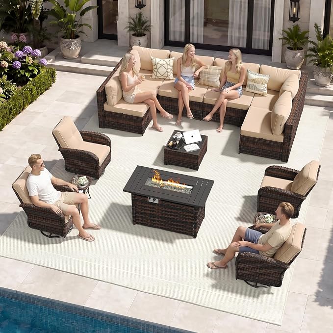 Aoxun 14 Piece Outdoor Patio Furniture Set with 44'' Fire Pit Table, Wicker Rattan Outdoor Furniture with High Back Swivel Rocker Chairs, Outdoor Conversation Set with Thick Cushion, Beige