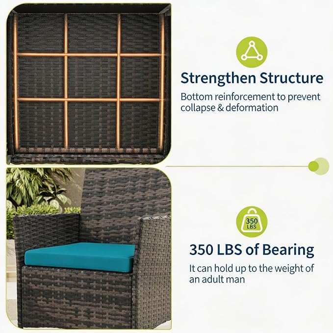 3-Piece Outdoor Furniture Set, PE Rattan Wicker Chairs with Soft Cushions & Tempered Glass Coffee Table - All-Weather Patio Set for Garden, Backyard, Porch, Poolside (Brown/Peacock Blue)