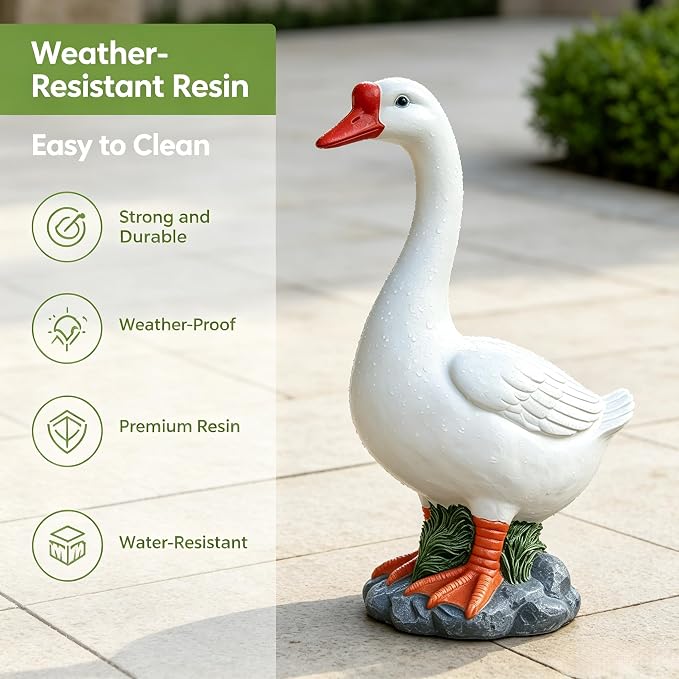 Large Porch Goose Statue 20 Inch, Resin Front Porch Goose Decor, Geese Decor Lawn and Garden Statue for Patio, Balcony,Yard Decorations, Housewarming Birthday Gifts,White