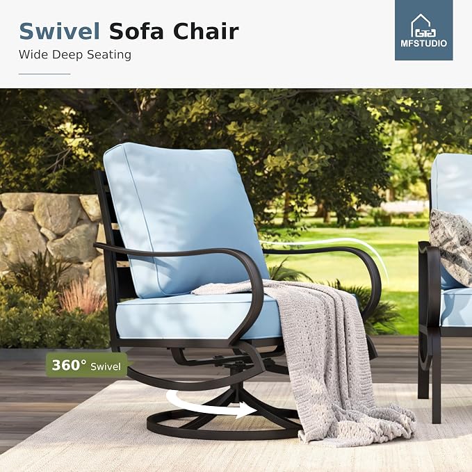 MFSTUDIO 7 Pieces Metal Patio Furniture Sets, 2 Swivel Chairs, 3-Seat Deep Seating Sofa, 2 Single Couch and 2 Ottoman, All Weather 9 Seats Outdoor Conversation Set for Garden Backyard, Blue Cushion
