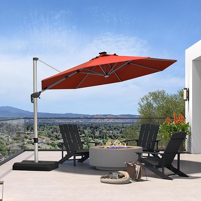 PURPLE LEAF 11ft Patio Umbrella with Lights Outdoor Round Cantilever Solar Powered LED Umbrella with 360-degree Rotation for Garden Deck Pool Patio, Brick Red
