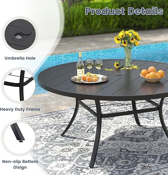 VICLLAX 7 Pieces Patio Outdoor Dining Set, 50" Round Metal Table with Umbrella Hole and 6 Stackable Textilene Chairs for Lawn, Garden, Porch, Black/Grey
