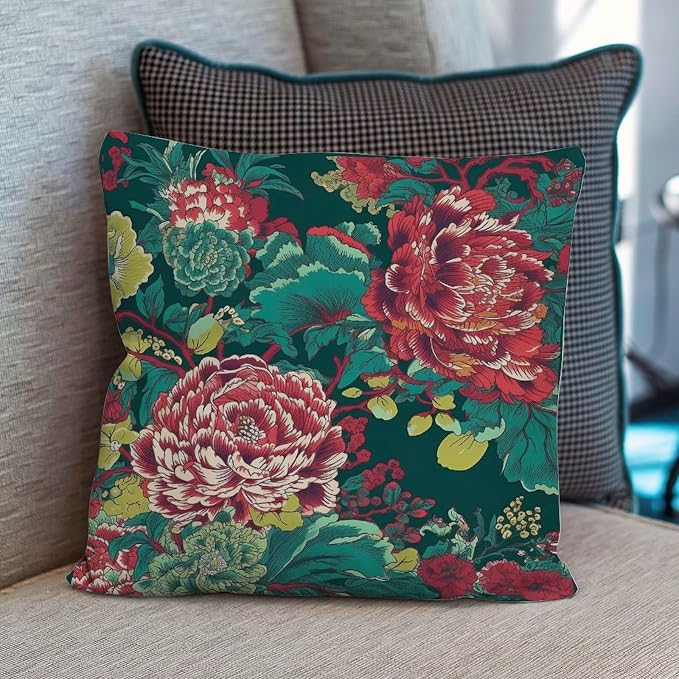 Chinoiserie Red Peony Floral Cushion Cases Green and Pink Pillow Covers 22x22 INRustic Accent Outdoor Garden Decoration for Couch Tent Park