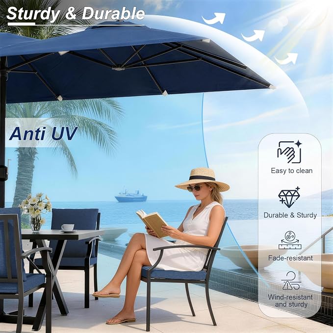 Patio Dining Set for 10 with 13.6ft Double-Sided Patio Umbrella,Outdoor Dining Set of 6 Metal Chairs and 2 Swivel Chairs with Umbrella Hole Table for Backyard,Garden,and Poolside(Navy)