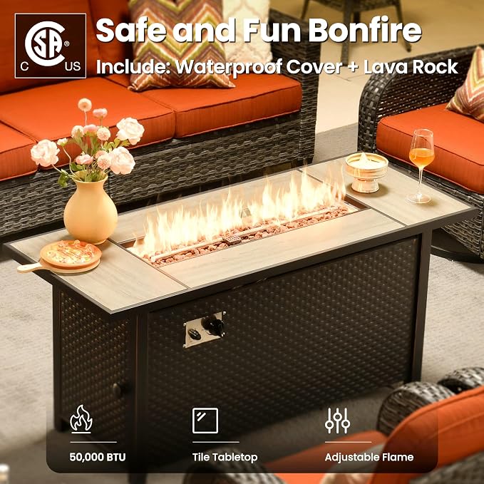 ovios 10 Pieces Patio Furniture Set, Outdoor Wicker Sofa Couch with Swivel Glider Chairs Solar Light Table Fire Pit, Modern Deep Seat Rattan Conversation Sets, Orange Red