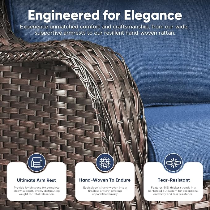 Belord Patio Furniture Set with Fire Pit Table,7 Piece Wicker Outdoor Furniture Set, Swivel Rocker Chairs with Ottomans and Sofa, All Weather Patio Conversation Set, for Pool,Yard,Brown Wicker/Blue
