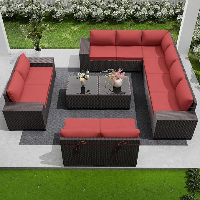 12 PCS Outdoor Patio Furniture Set,Outdoor Sectional Furniture All Weather PE Rattan Wicker Patio Conversation Set with 2 Coffee Tables and 10 Thickened Cushions,Red