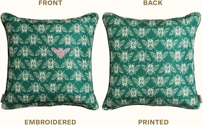 Honeycomb Indoor/Outdoor Square Toss Pillow for Patio Furniture, 17 x 17 | Royalty Green Embroidered Bumble Bee Throw Pillow, Water & Fade Resistant for Patio Furniture Set