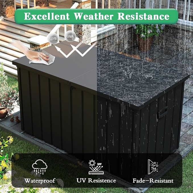 200 Gallon Outdoor Storage Deck Box, Durable Steel Storage Deck Box with Lockable Lids, Large Patio Storage Bin for Indoor Outdoor Use, Throw Pillows & Garden Tools, Dark Gray