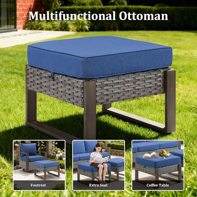 3 Pieces Patio Sofa Set with Metal Arm, High Back Wicker Sectional Outdoor Sofa with Ottomans, Outdoor Seating Furniture High Back Conversation Set for Balcony Deck Porch Backyard, Grey/Blue