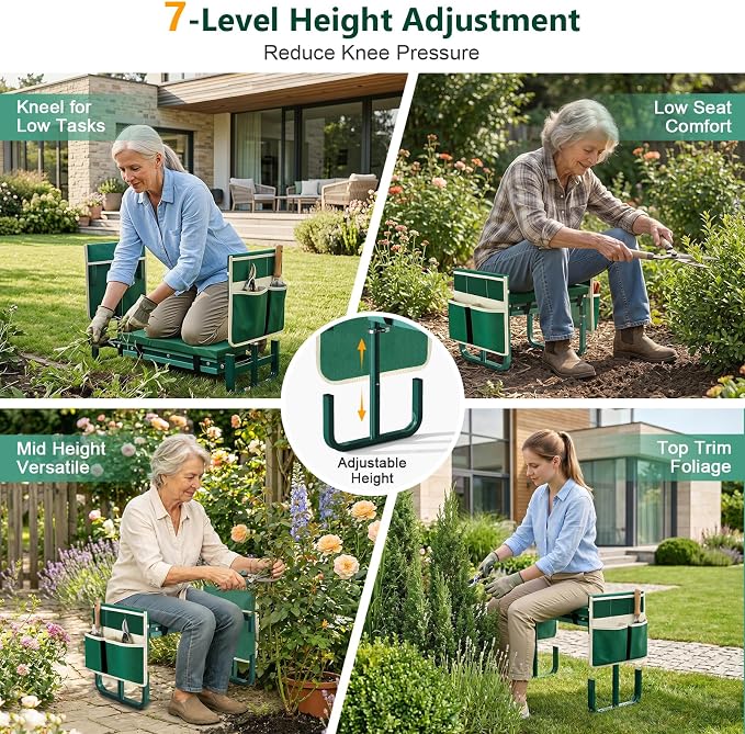 AUROPEAK Garden Kneeler and Seat, 7-Level Adjustable Stool with Handles | Cushioned kneeling pad, folding frame and tool bags for weeding, planting and pruning, ideal for seniors and home gardeners