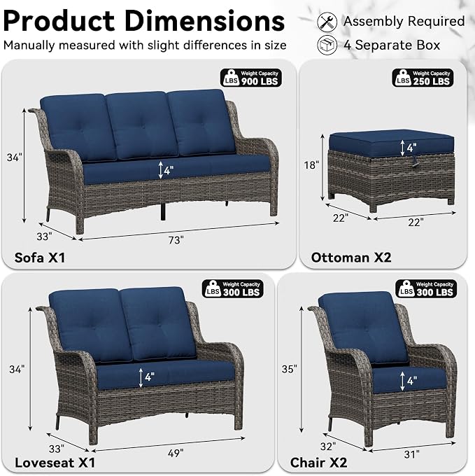 6 Piece Outdoor Wicker Patio Furniture Set, Patio Chairs Set with Thickened Olefin Cushions, High Back and Deep Seating, Hand-Woven PE Rattan, Ottoman for Porch, Deck