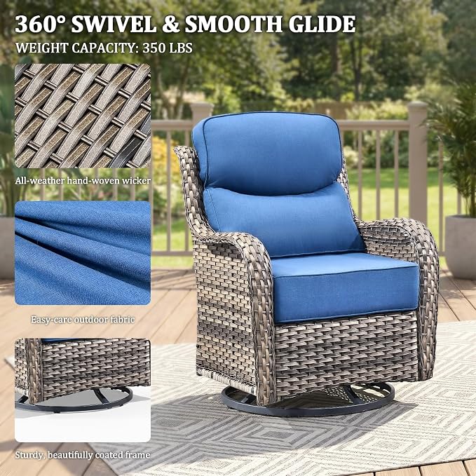 Luxury Swivel Rocker Chairs Sofa Set with 6" Thick Cushion 5 piece Wicker Outdoor Patio Chair with Coffee Table High Back Comfortable Outdoor Patio Furniture Set - Gery | Blue