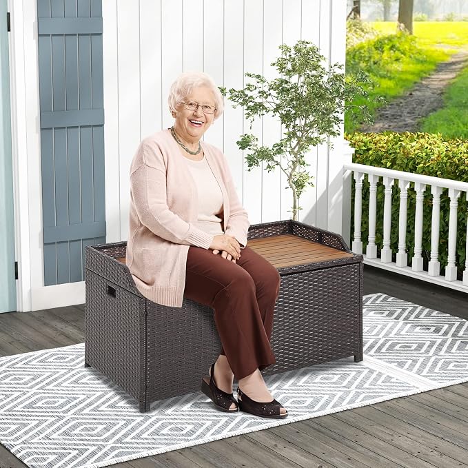 HAPPYGRILL Patio Storage Bench Rattan Wicker Deck Box with Acacia Wood Seat, Gas Strut, Zipper Liner, Handles, Outdoor Storage Container for Patio Furniture Cushions Pillows