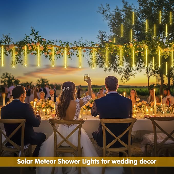 JMEXSUSS Solar Meteor Shower Lights Outdoor, 8 Tube 144 LEDs | Warm White Solar Christmas Lights for Tree Eave Xmas Holiday Party Patio House Wedding Decor