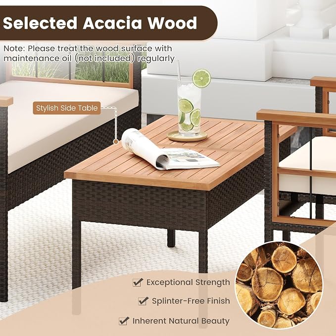 Tangkula 4 Pieces Wicker Patio Conversation Furniture Set, Outdoor Rattan Cushioned Armchairs & Coffee Table Set with Acacia Wood Tabletop for Backyard, Porch, Balcony (Off White)