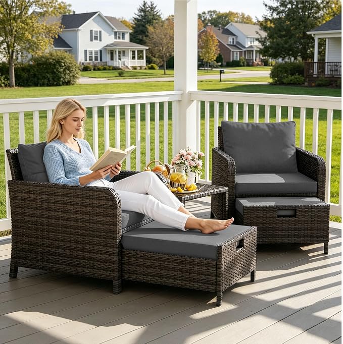 5 Piece PE Wicker Patio Furniture Set, Outdoor Conversation Chairs with Pull Out Hidden Ottoman, Soft Cushions & Glass Coffee Table, Wicker Bistro Set for Porch, Garden, Balcony, Poolside (Grey)
