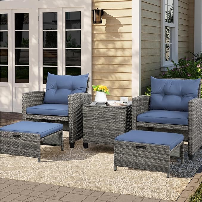 Vongrasig 5 Piece Patio Furniture Set, Small Balcony Furniture, PE Wicker Rattan Patio Chairs Set of 2, Outdoor Lounge Chairs with Cushions Ottomans &Glass Table for Porch Garden(Navy Blue)