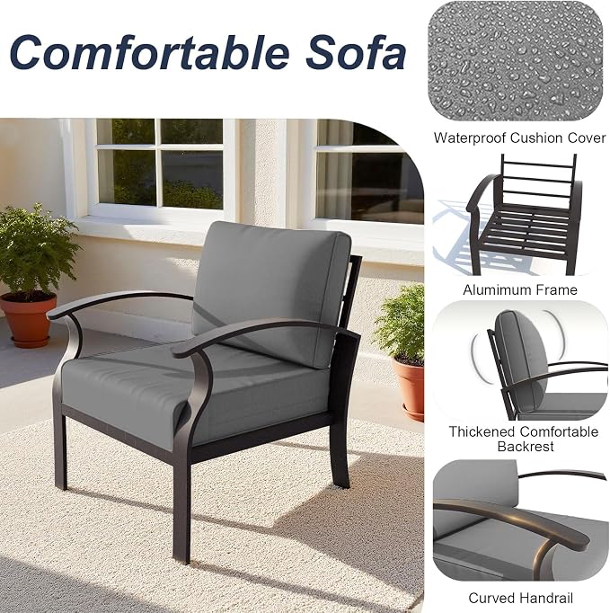 ALAULM Aluminum Patio Furniture Set with Propane Fire Pit Table 5-seat Metal Outdoor Furniture w/Fire Pit Sectional Sofas w/5.1" Cushions for Patio, Backyard, Poolside-Grey
