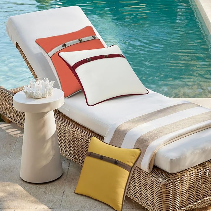 Outdoor Sunbrella Decorative Pillows with Triple Coconut Buttons Pack of 4, 18" x 18" Outdoor Pillow Set for Couch Bed Throw Patio Sofa, Spectrum Eggshell/Spectrum Ruby