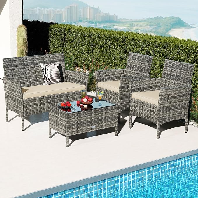 Tangkula 4 Pieces Patio Rattan Conversation Set, Outdoor Wicker Furniture Set with Cushioned Chair, Loveseat & Tempered Glass Table, Outside Sectional Sofa Set for Backyard (G-Beige,1)