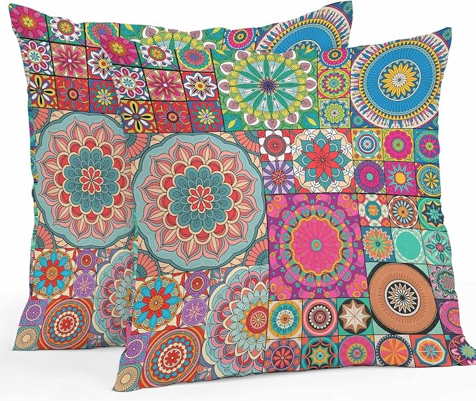 Colorful Ethnic Outdoor Pillow Covers 20x20 Inch Throw Pillow Covers Set of 2 Waterproof Decorative Pillow Cases National Modern Geometric Red Green Cushion Covers for Patio Furniture Garden Couch