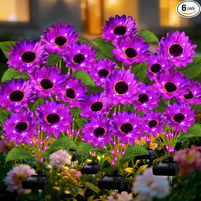 ANGMLN Solar Garden Lights 6 Pack 36 Solar Sunflower Lights, Waterproof Solar Purple Flower Light for Outdoor Decoration, Decorative Stakes for Yard,Landscape,Patio,Gifts for Women