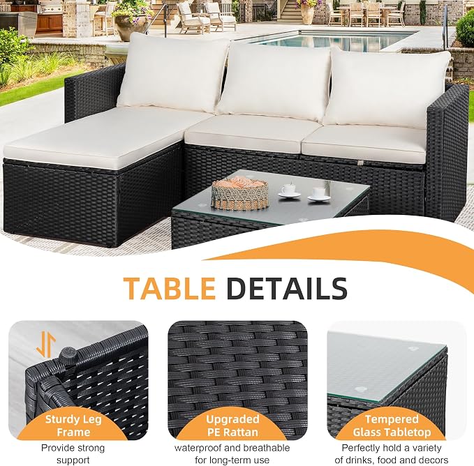 Shintenchi 4 Pieces Patio Furniture Set, 2-in-1 Convertible Sectional Sofa & Chaise Lounge, All-Weather Wicker Rattan Sofa Couch with Cushions & Coffee Table for Yard, Garden, Porch, Poolside (Beige)