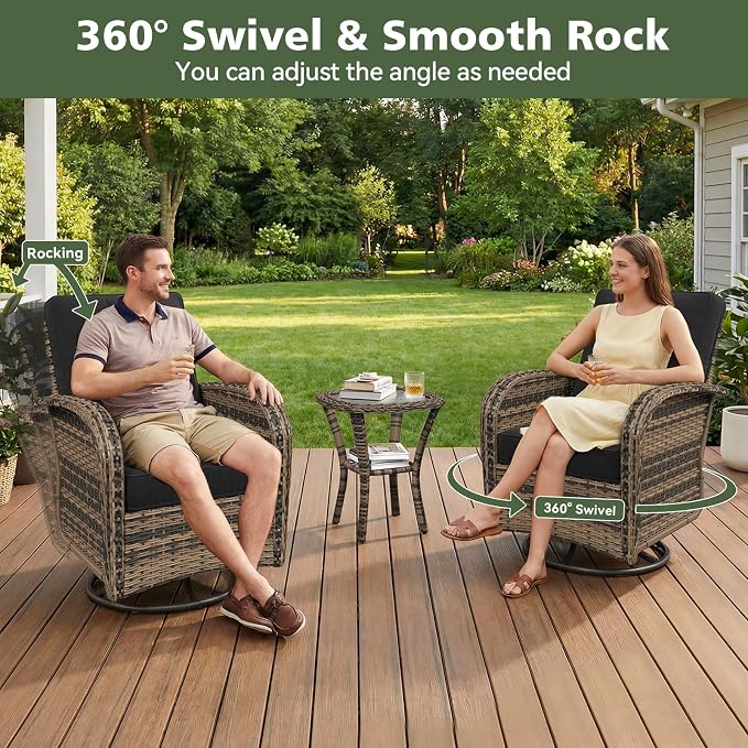Aoxun 14 Piece Outdoor Patio Furniture Set with 44'' Fire Pit Table, Wicker Rattan Outdoor Furniture with High Back Swivel Rocker Chairs, Outdoor Conversation Set with Thick Cushion, Black