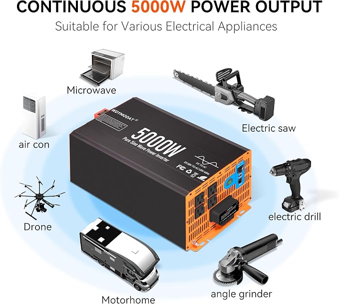 5000W Pure Sine Wave Inverter,48V DC to 120V AC Car Power Inverter 10000W Peak with 4 AC Outlets, 3.0A USB and Type-C, LCD Display 16.5 ft Remote Control for RV Truck Travel Solar Emergency