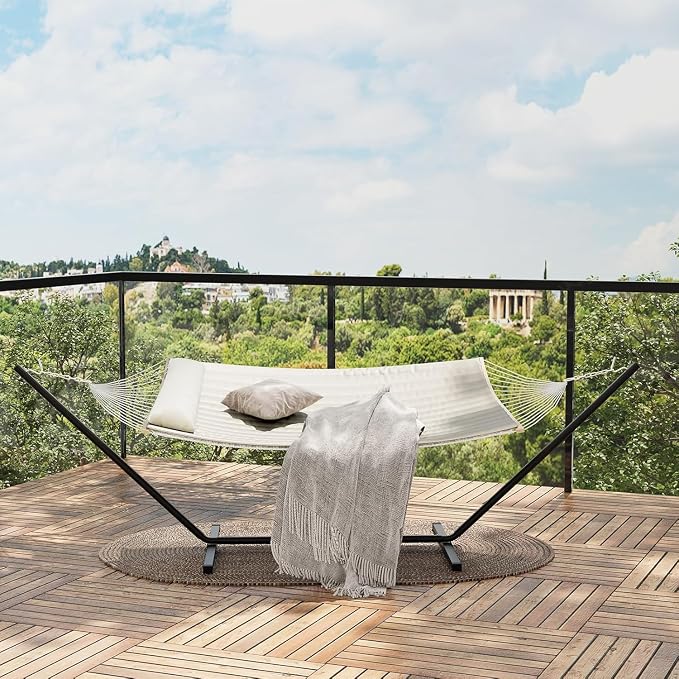 Double Hammock with Stand, Cotton Rope Hammock with Polyester Pad and Pillow, 450LBS Capacity,Large Hammock for Patio Backyard Poolside - Off White