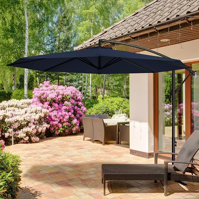 MEWAY 10ft Outdoor Umbrella Patio Offset Cantilever Umbrella, Hanging Umbrella with Crank & Cross Base, Market Umbrella UV Protection Waterproof for Deck Pool