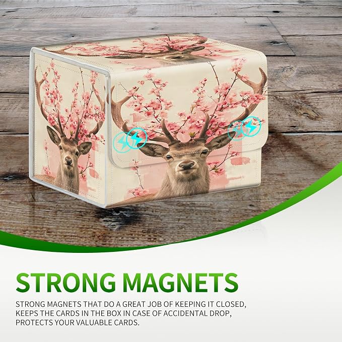 Card Deck Box for MTG, Cards Storage Box Fits 120+ Sleeved, Leather Small Size Strong Magnetic Closing Card Case for Board Games Magic TCG CCG Baseball Collection, Peach Blossom Deer