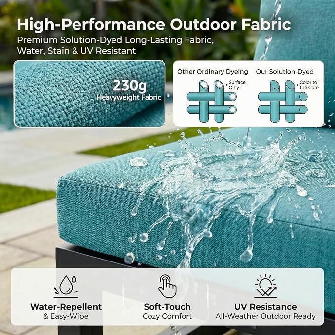 RADIATA 6 Person Modern Aluminum Outdoor Patio Furniture Set with Fireplace, 29 inch Wide Deep Seating, Fade Resistant L-Shaped Sectional Couch, Plus Size Conversation Set for Backyard Terrace, Teal
