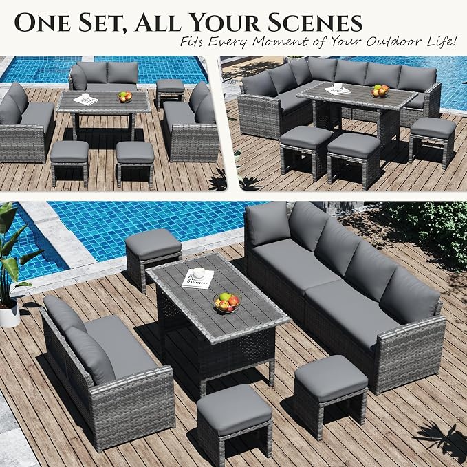 U-MAX 7 Pieces Patio Furniture Set, Outdoor Sectional Sofa Conversation Set, All Weather Wicker Rattan Dining Table & Chair with Ottoman, Grey Rattan&Grey Cushion